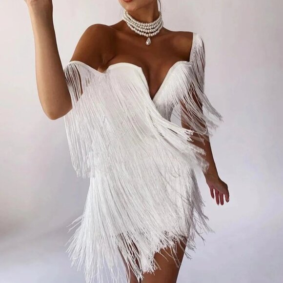 Chic White Fringe Mini Dress - Picture 2 of 5
